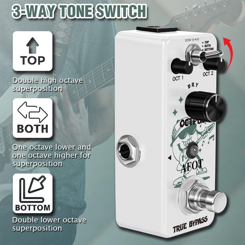 AFOT Polyphonic Octave Guitar Pedal, Digital Octave Mini Pedal,3 Modes Octave Shifter with Top/Both/Bottom Selection, Compact & Practical Aluminum Build, True Bypass for Electric Guitar - Image 3